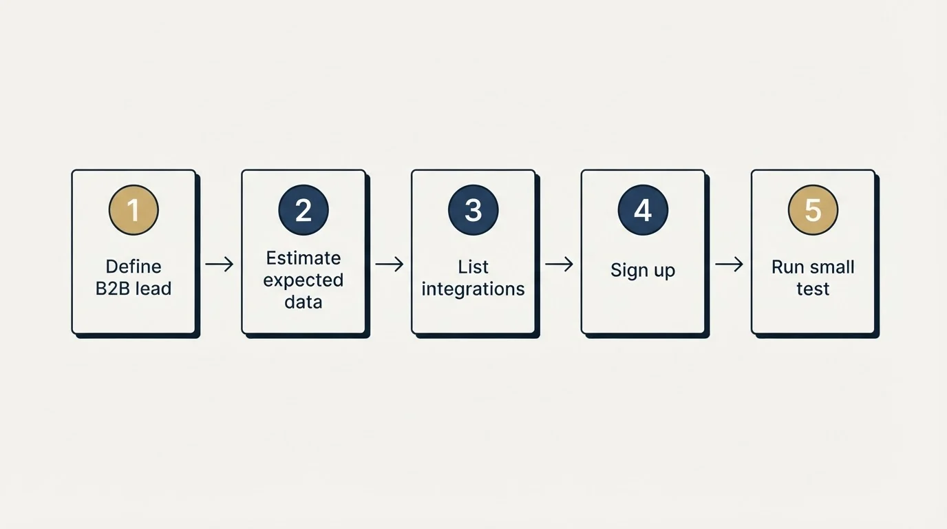 Step sequence: Getting Started Checklist (Define B2B lead, Estimate expected data, List integrations, Sign up)