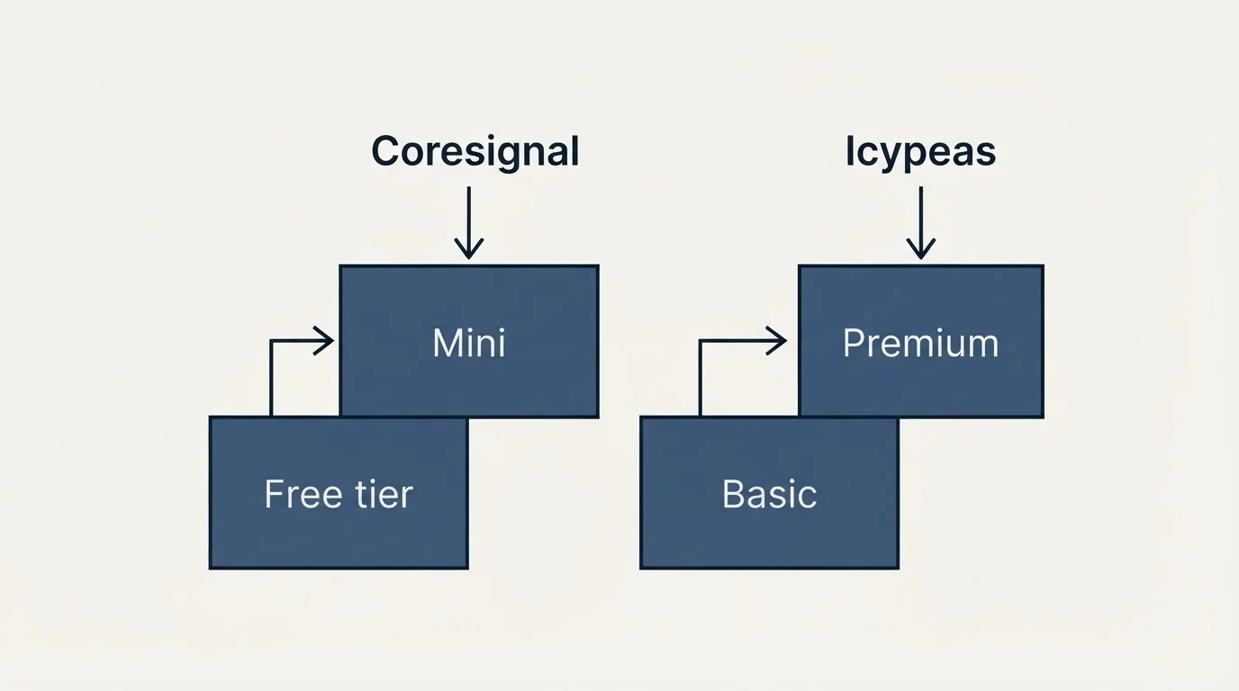 Pricing ladder: Pricing Comparison (Coresignal, Icypeas, Free tier, Basic)