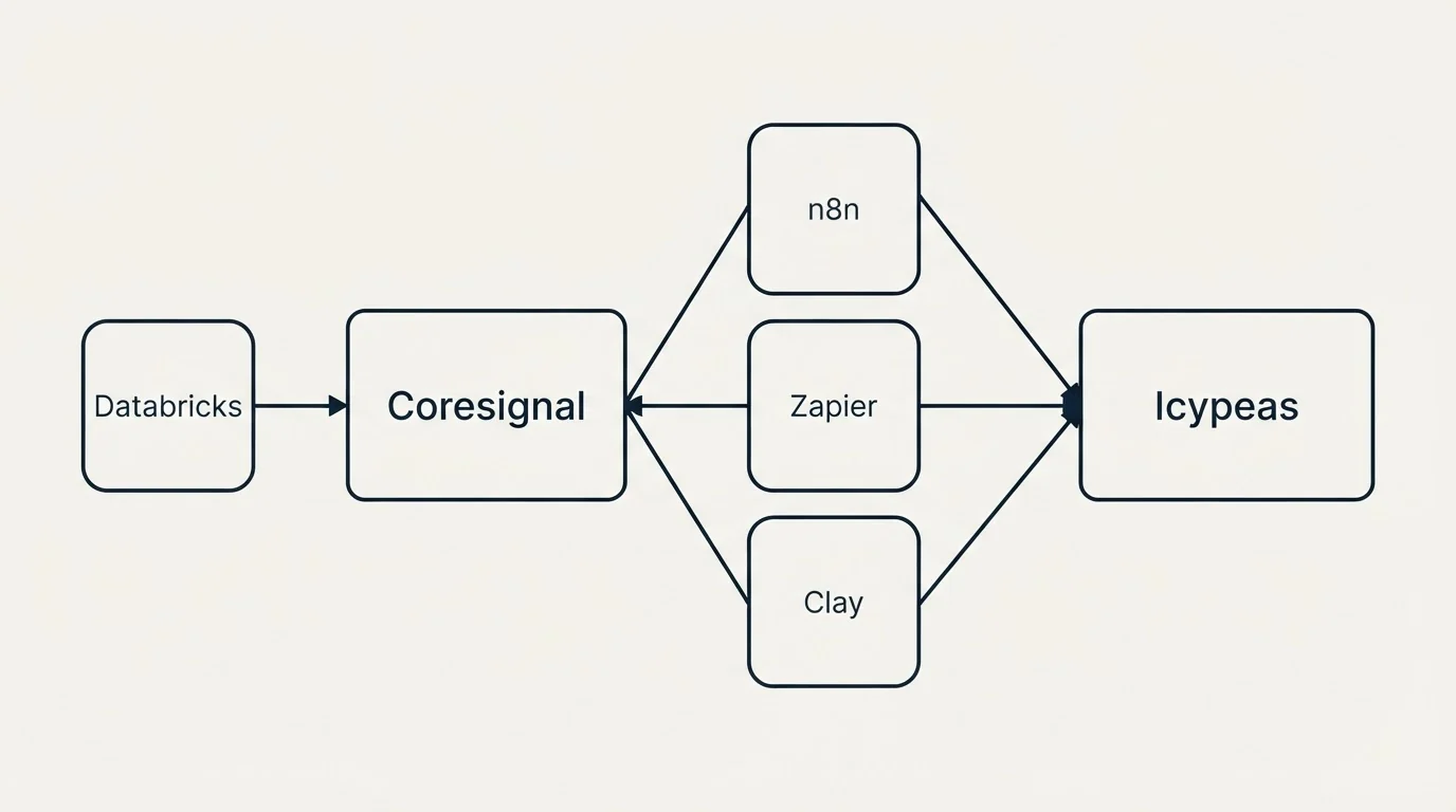 Integration schematic: Integration Ecosystem (Coresignal, Icypeas, n8n, Zapier)