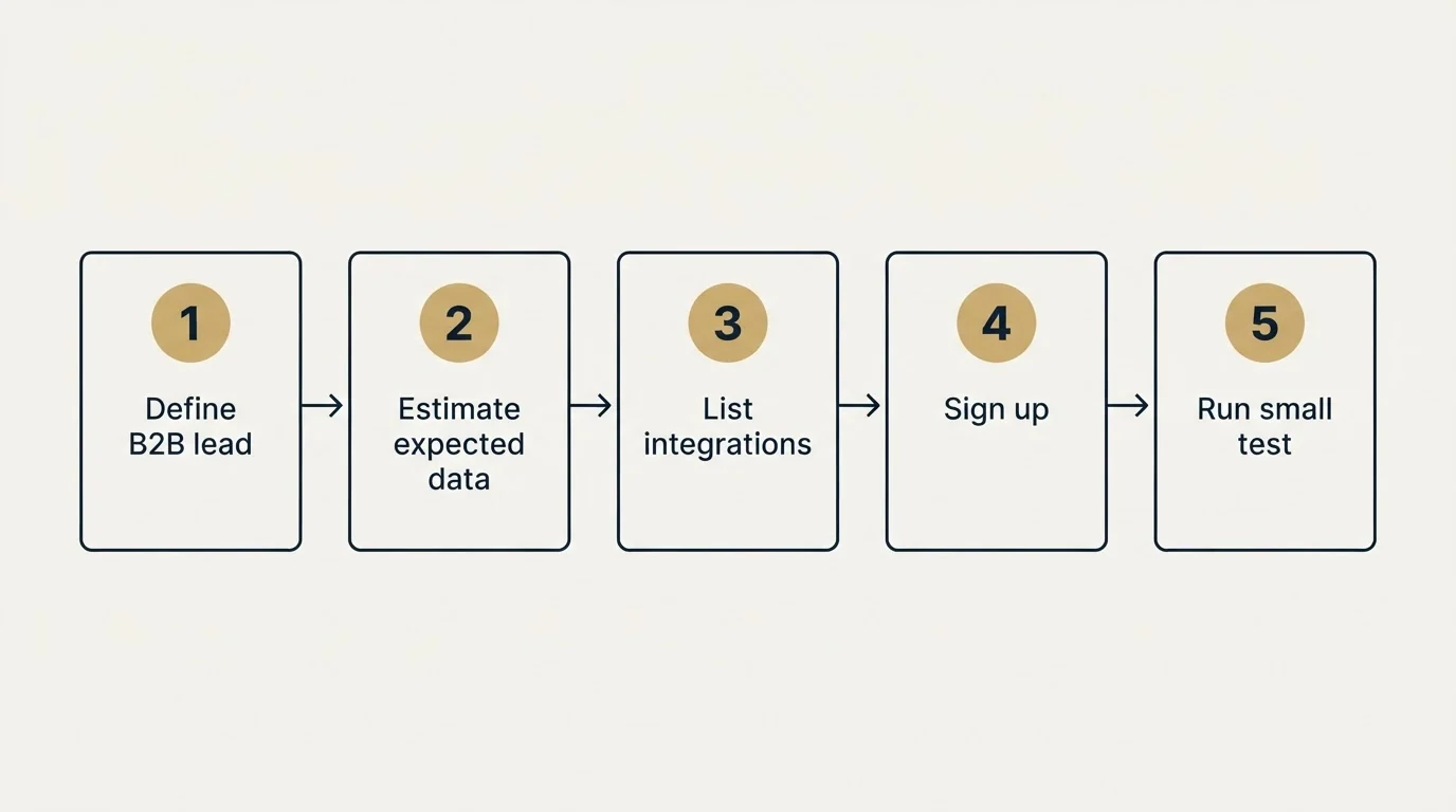 Step sequence: Getting Started Checklist (Define B2B lead, Estimate expected data, List integrations, Sign up)