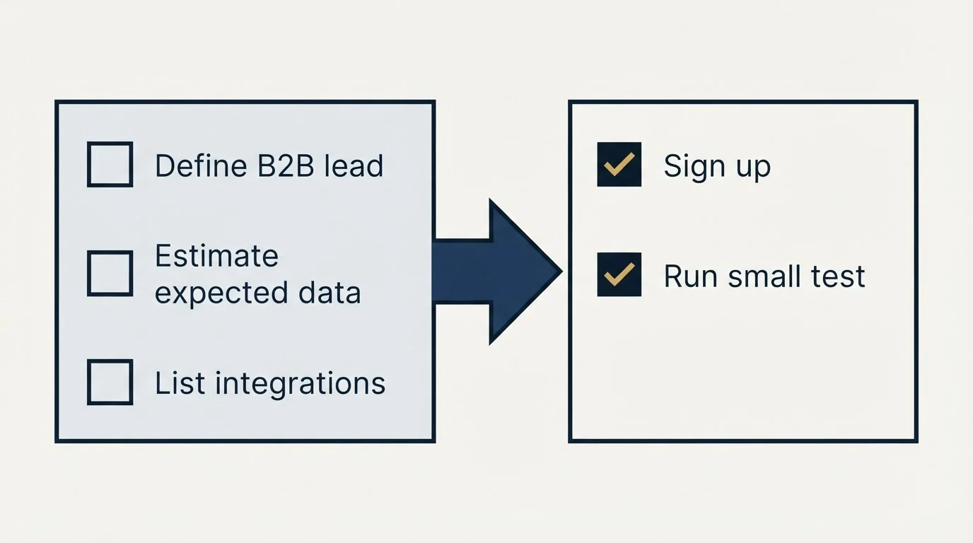 Before-and-after steps: Getting Started Checklist (Define B2B lead, Estimate expected data, List integrations, Sign up)