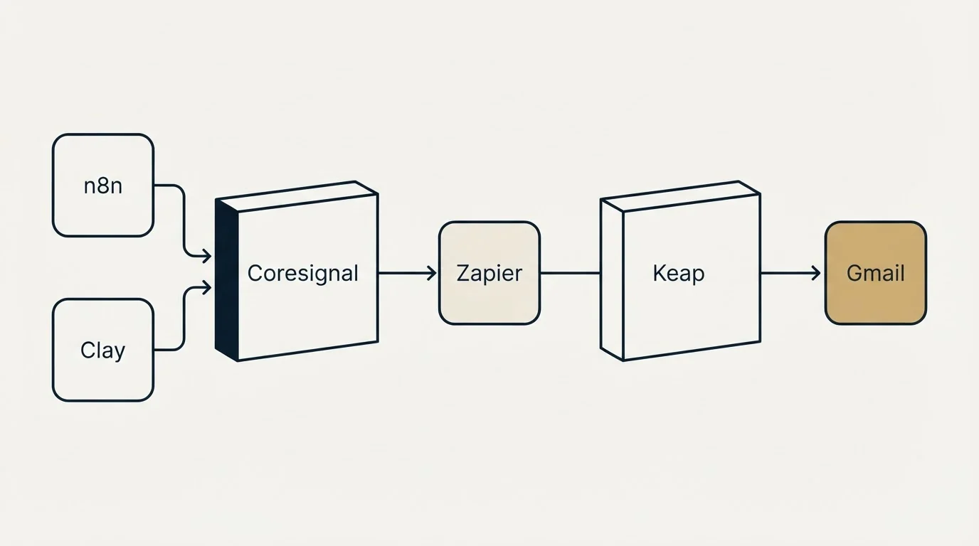 Integration flow: Integration Ecosystem (Coresignal, Keap, Zapier, n8n)