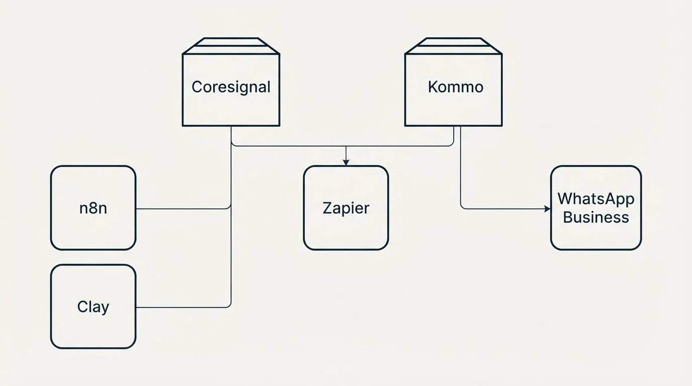 Integration grid: Integration Ecosystem (Coresignal, Kommo, Zapier, n8n)