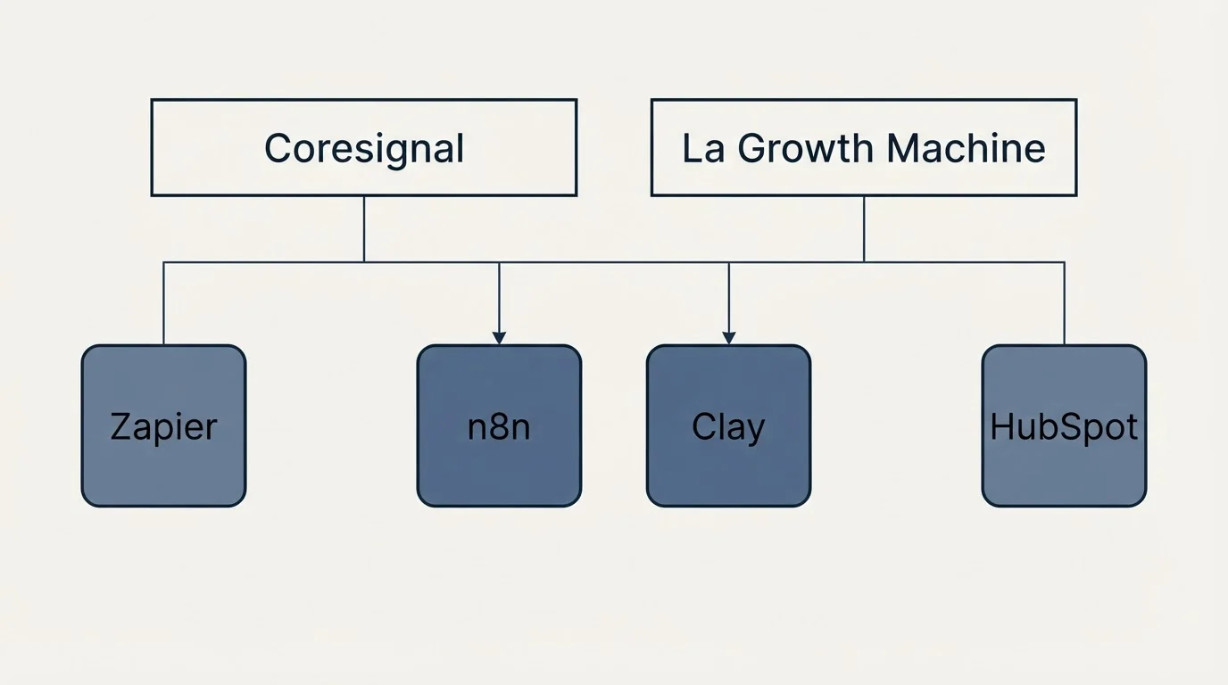 Integration grid: Integration Ecosystem (Coresignal, La Growth Machine, n8n, Clay)