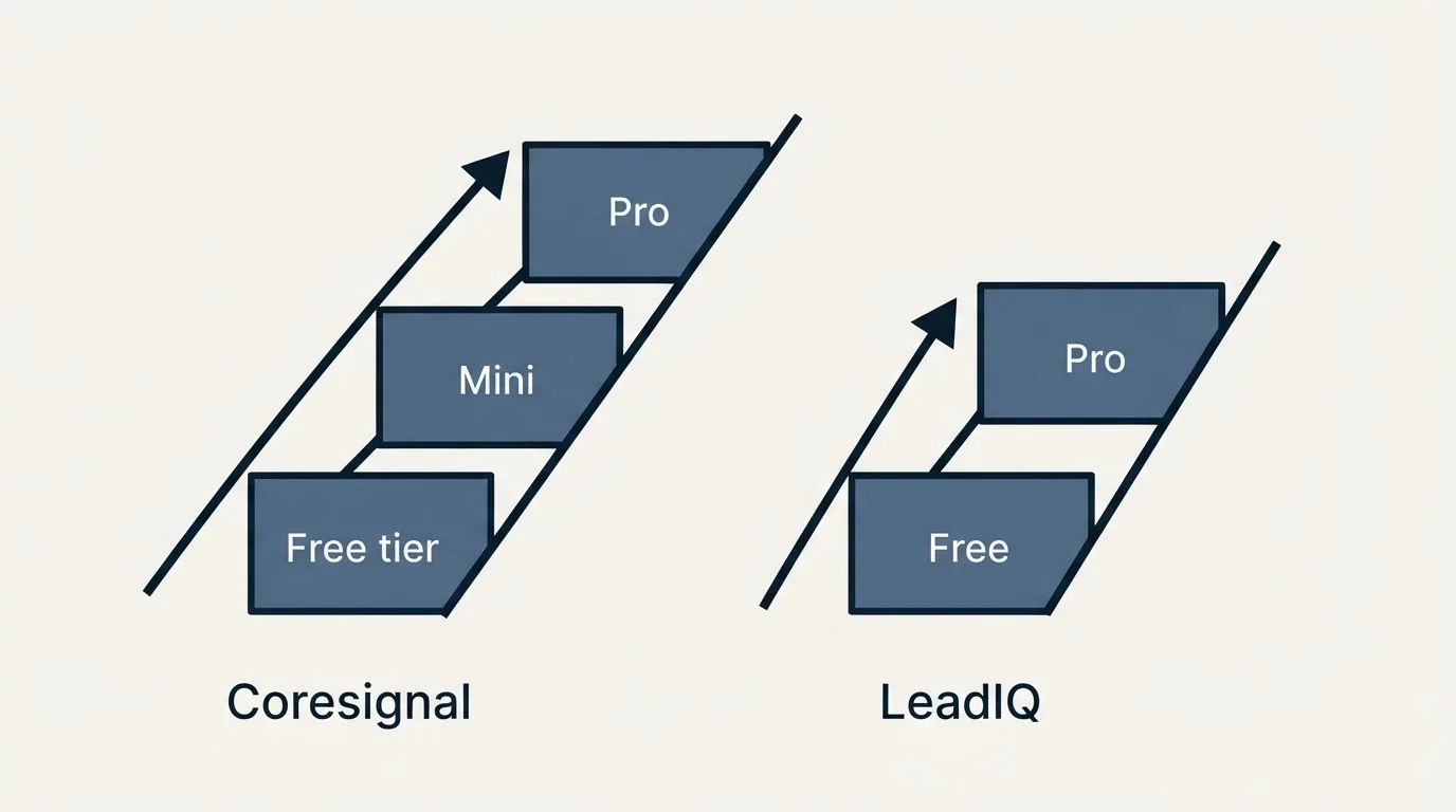 Pricing ladder: Pricing Comparison (Coresignal, LeadIQ, Free tier, Free)
