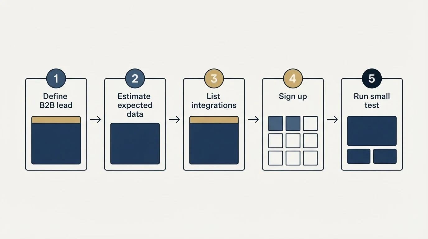 Step sequence: Getting Started Checklist (Define B2B lead, Estimate expected data, List integrations, Sign up)