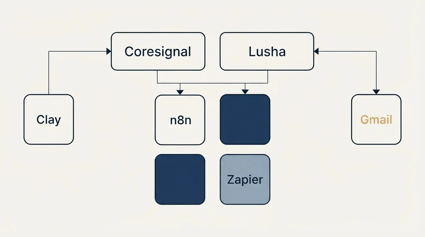 Integration grid: Integration Ecosystem (Coresignal, Lusha, n8n, Zapier)