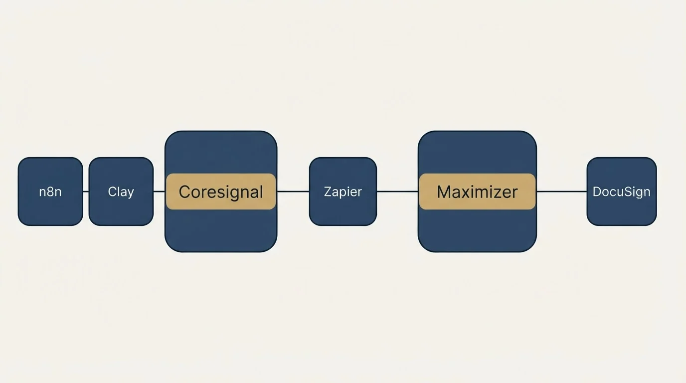 Integration schematic: Integration Ecosystem (Coresignal, Maximizer, Zapier, n8n)