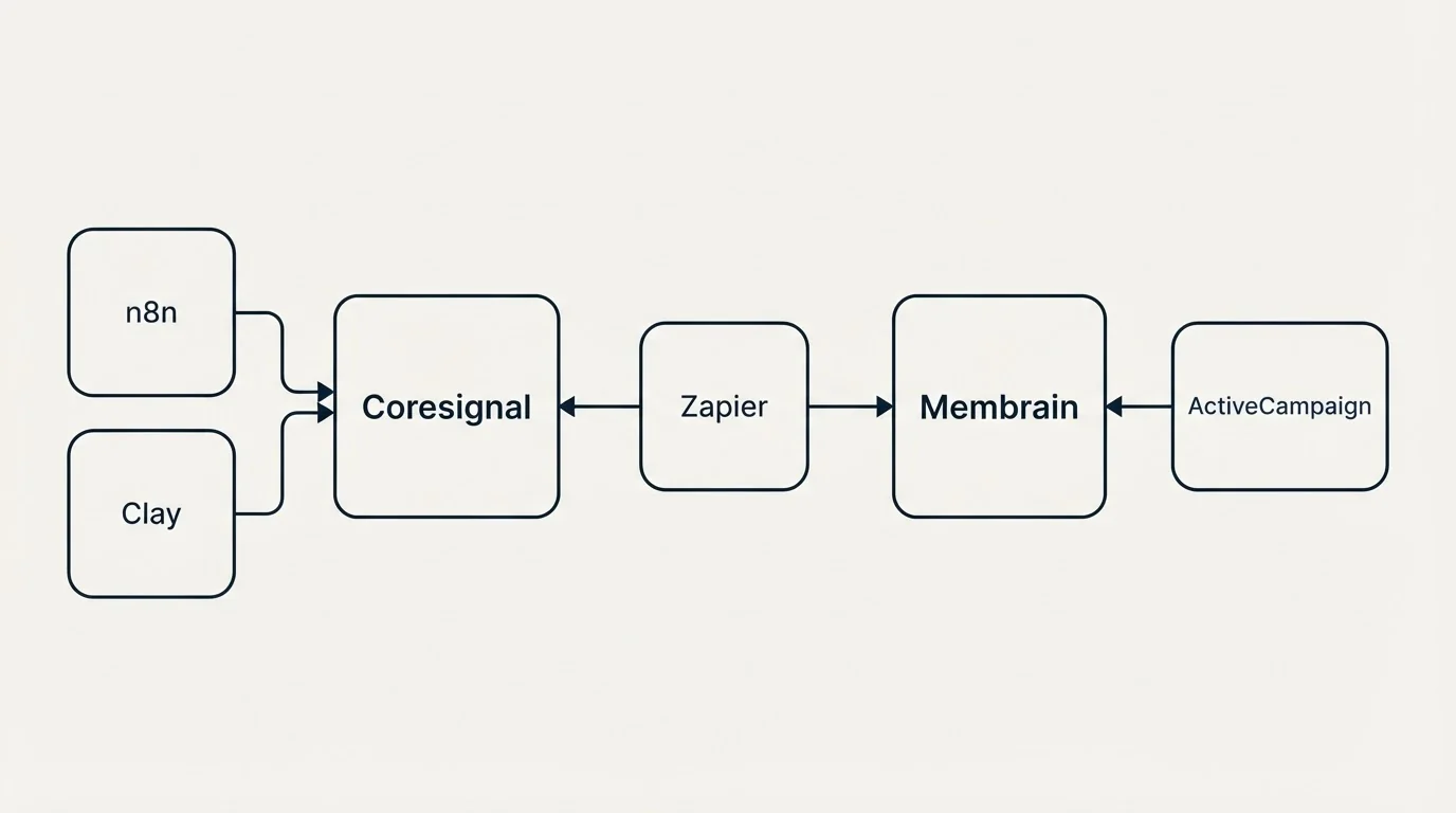 Integration flow: Integration Ecosystem (Coresignal, Membrain, Zapier, n8n)