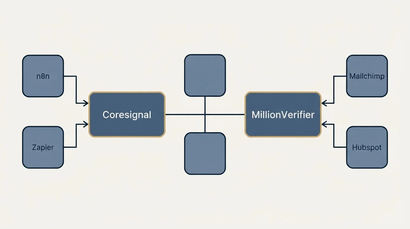 Integration flow: Integration Ecosystem (Coresignal, MillionVerifier, n8n, Mailchimp)