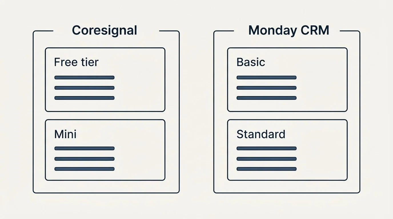 Pricing panels: Pricing Comparison (Coresignal, Monday CRM, Free tier, Basic)