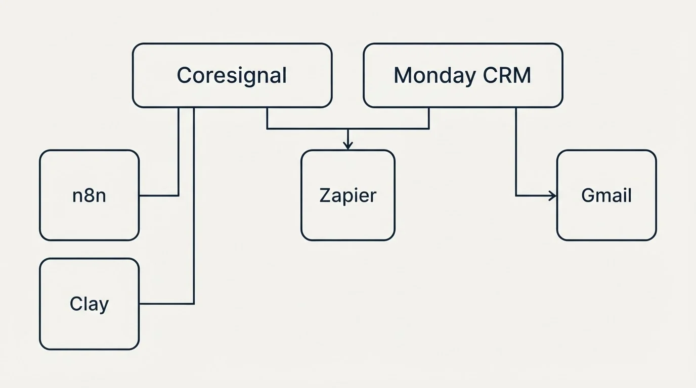 Integration grid: Integration Ecosystem (Coresignal, Monday CRM, Zapier, n8n)