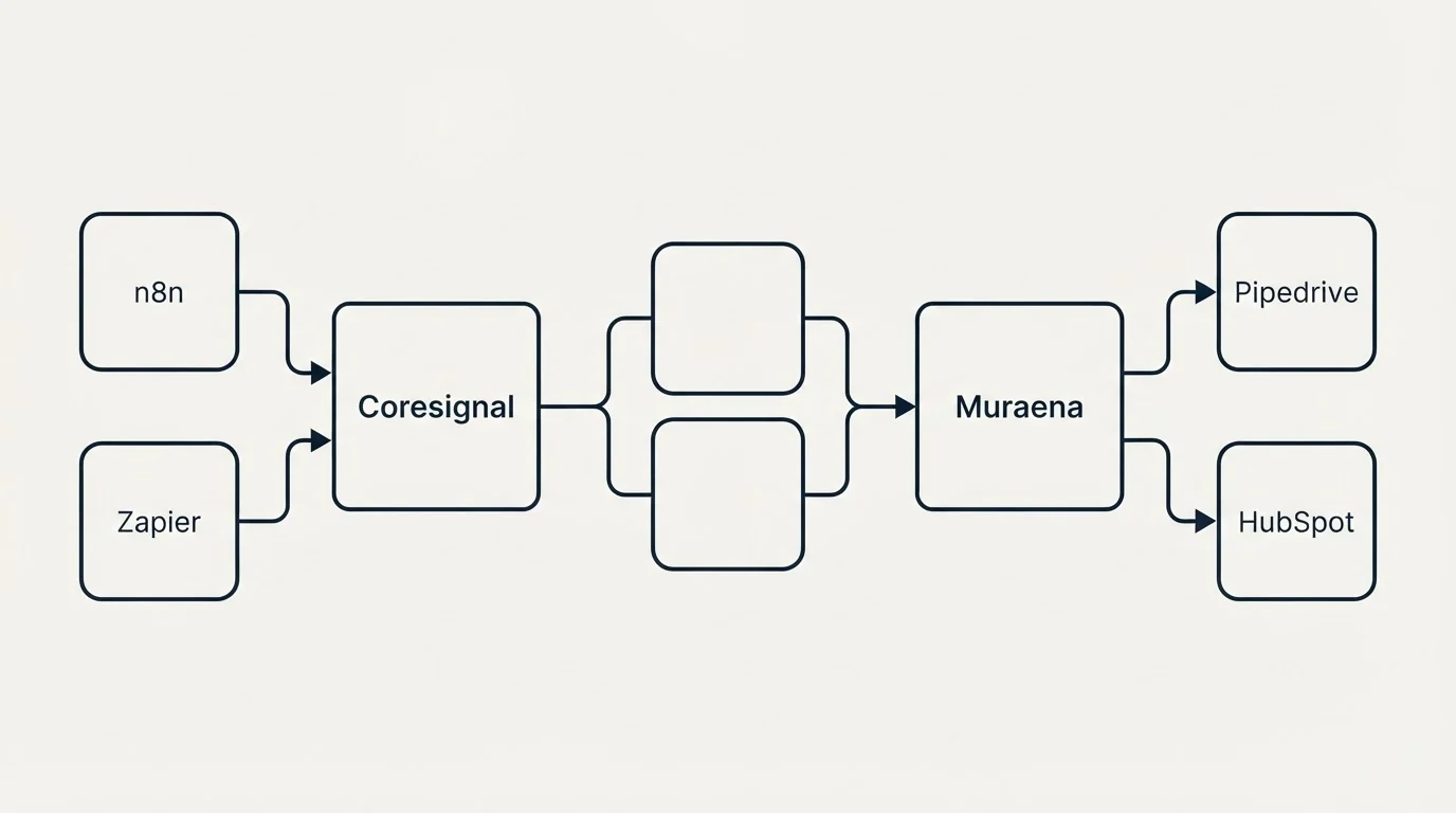 Integration schematic: Integration Ecosystem (Coresignal, Muraena, n8n, Pipedrive)