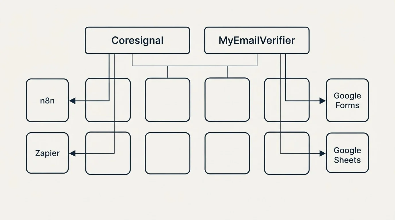 Integration grid: Integration Ecosystem (Coresignal, MyEmailVerifier, n8n, Google Forms)