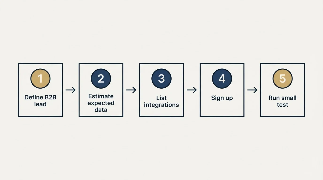 Step sequence: Getting Started Checklist (Define B2B lead, Estimate expected data, List integrations, Sign up)