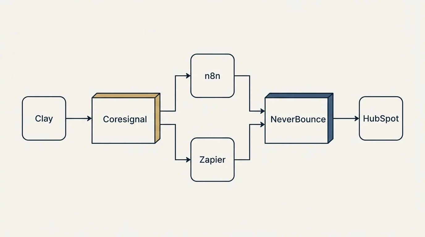 Integration flow: Integration Ecosystem (Coresignal, NeverBounce, n8n, Zapier)