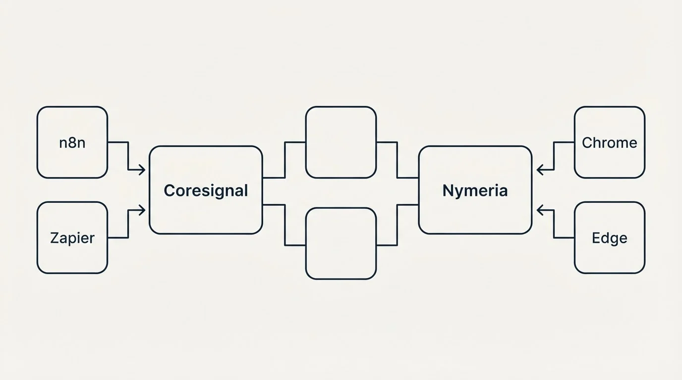Integration flow: Integration Ecosystem (Coresignal, Nymeria, n8n, Chrome)