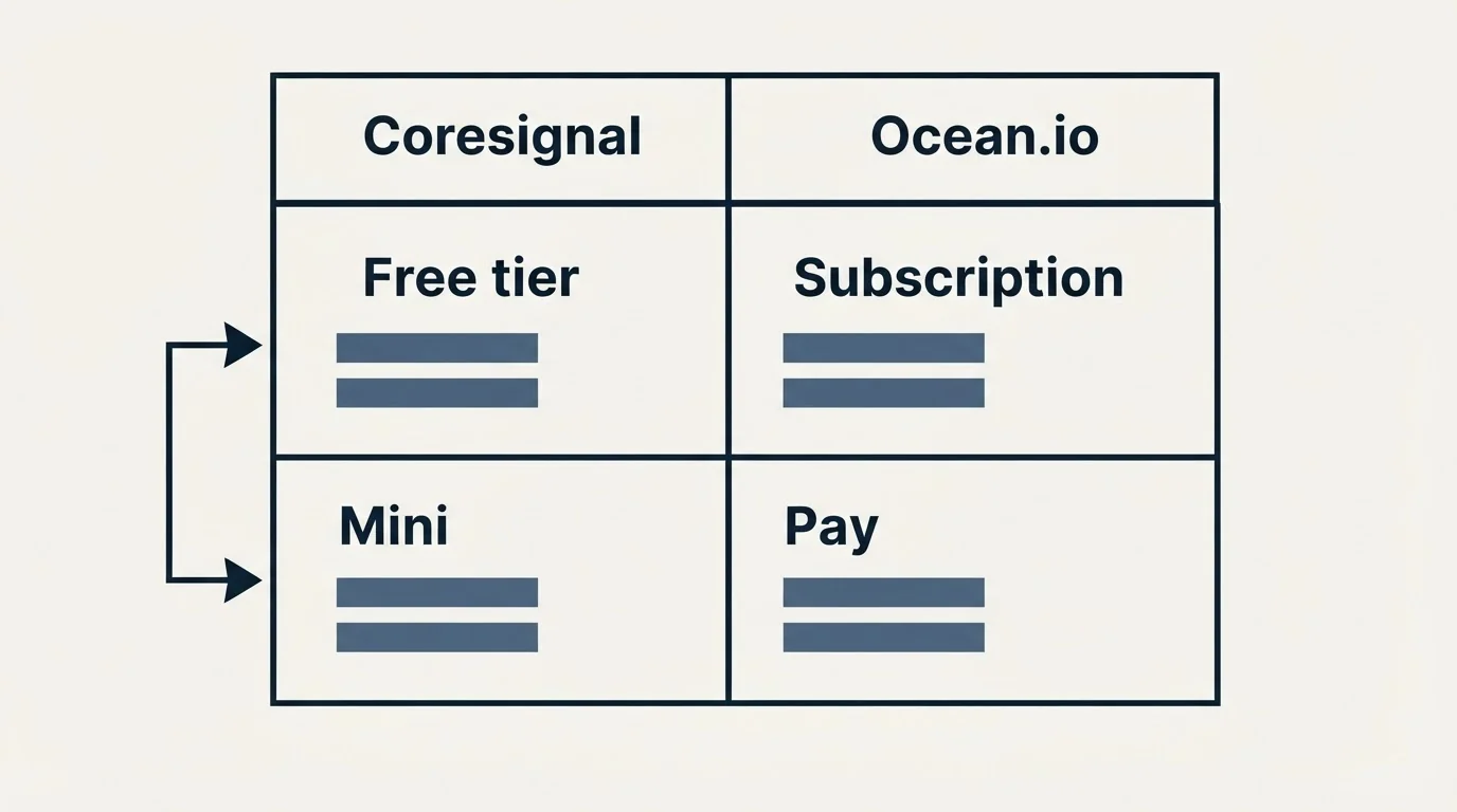 Pricing table: Pricing Comparison (Coresignal, Ocean.io, Free tier, Subscription)