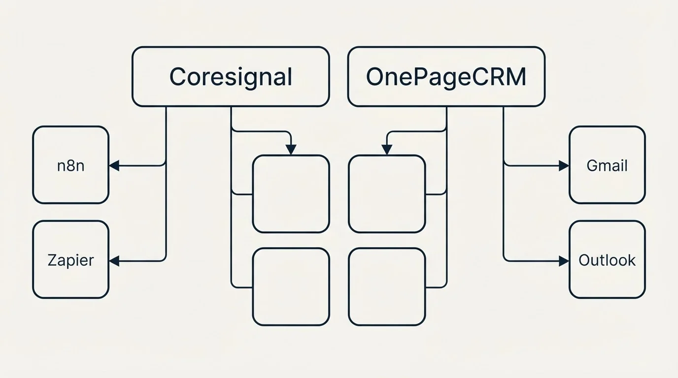 Integration grid: Integration Ecosystem (Coresignal, OnePageCRM, n8n, Gmail)