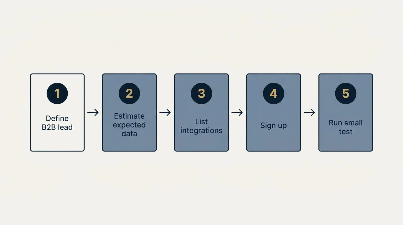 Step sequence: Getting Started Checklist (Define B2B lead, Estimate expected data, List integrations, Sign up)
