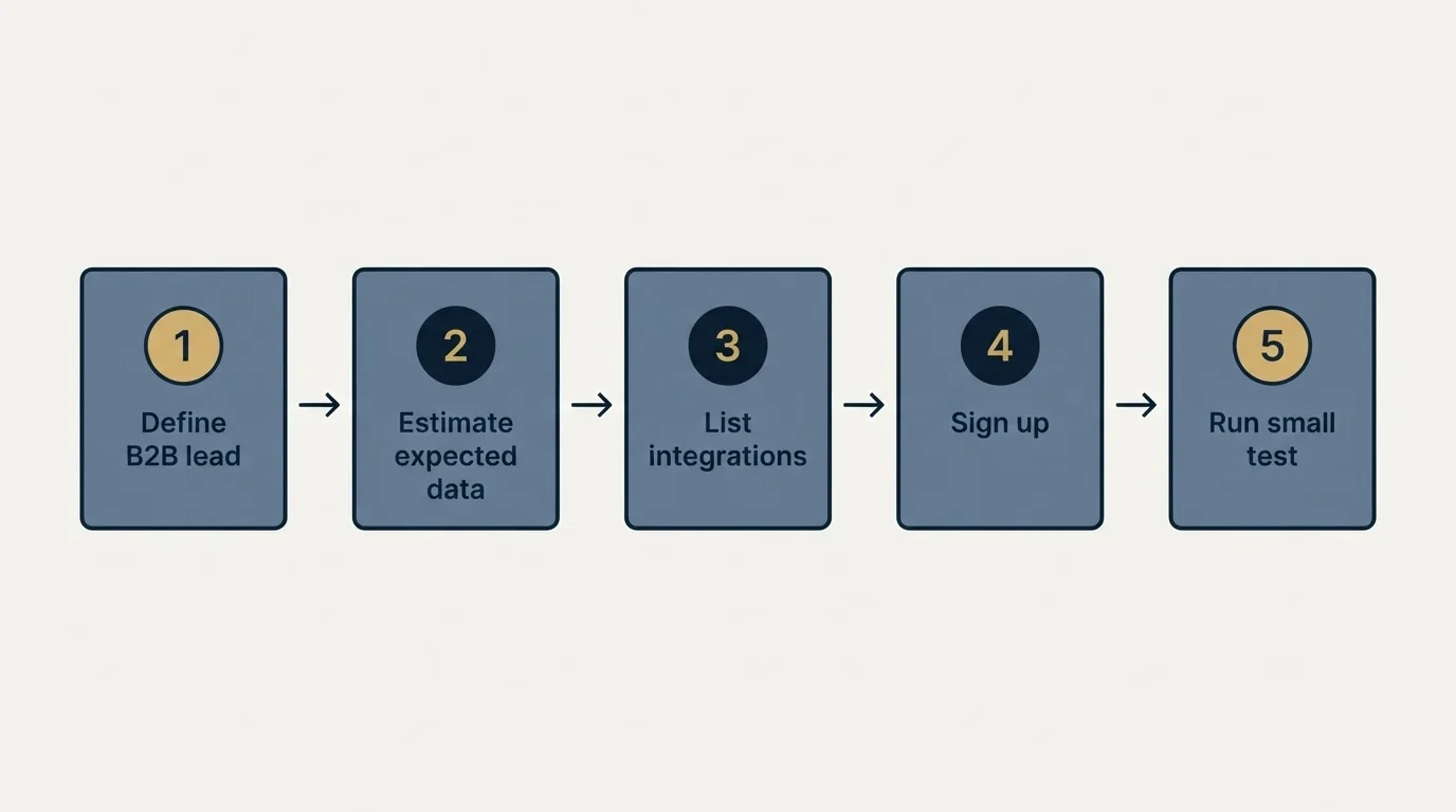 Step sequence: Getting Started Checklist (Define B2B lead, Estimate expected data, List integrations, Sign up)