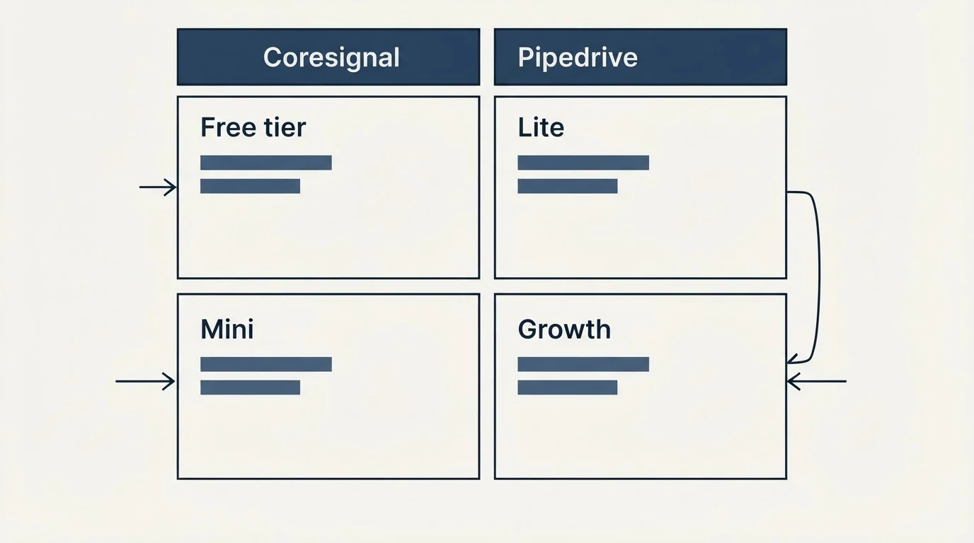 Pricing table: Pricing Comparison (Coresignal, Pipedrive, Free tier, Lite)