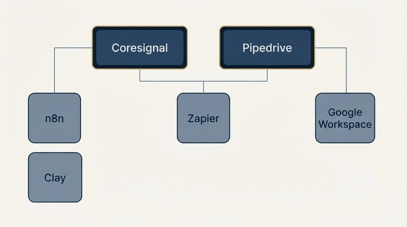 Integration grid: Integration Ecosystem (Coresignal, Pipedrive, Zapier, n8n)