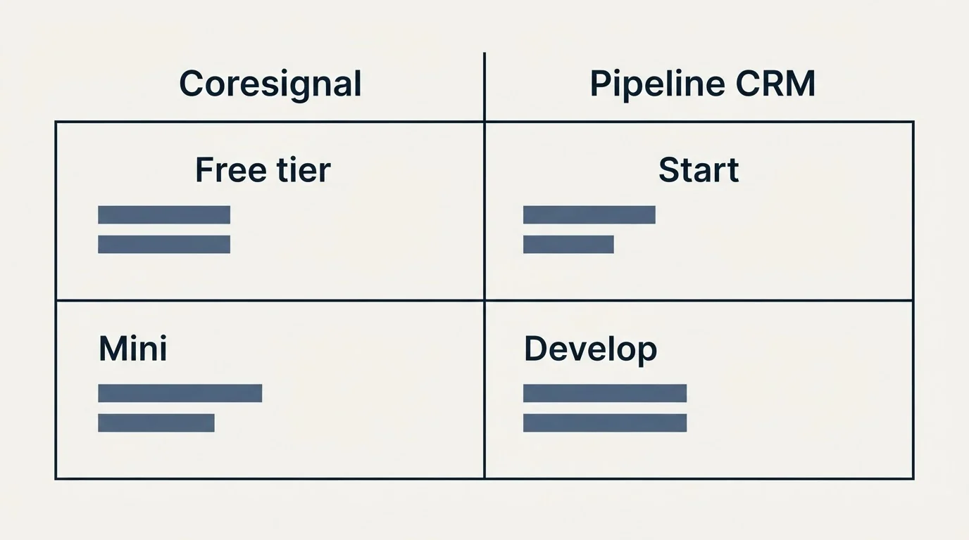 Pricing table: Pricing Comparison (Coresignal, Pipeline CRM, Free tier, Start)