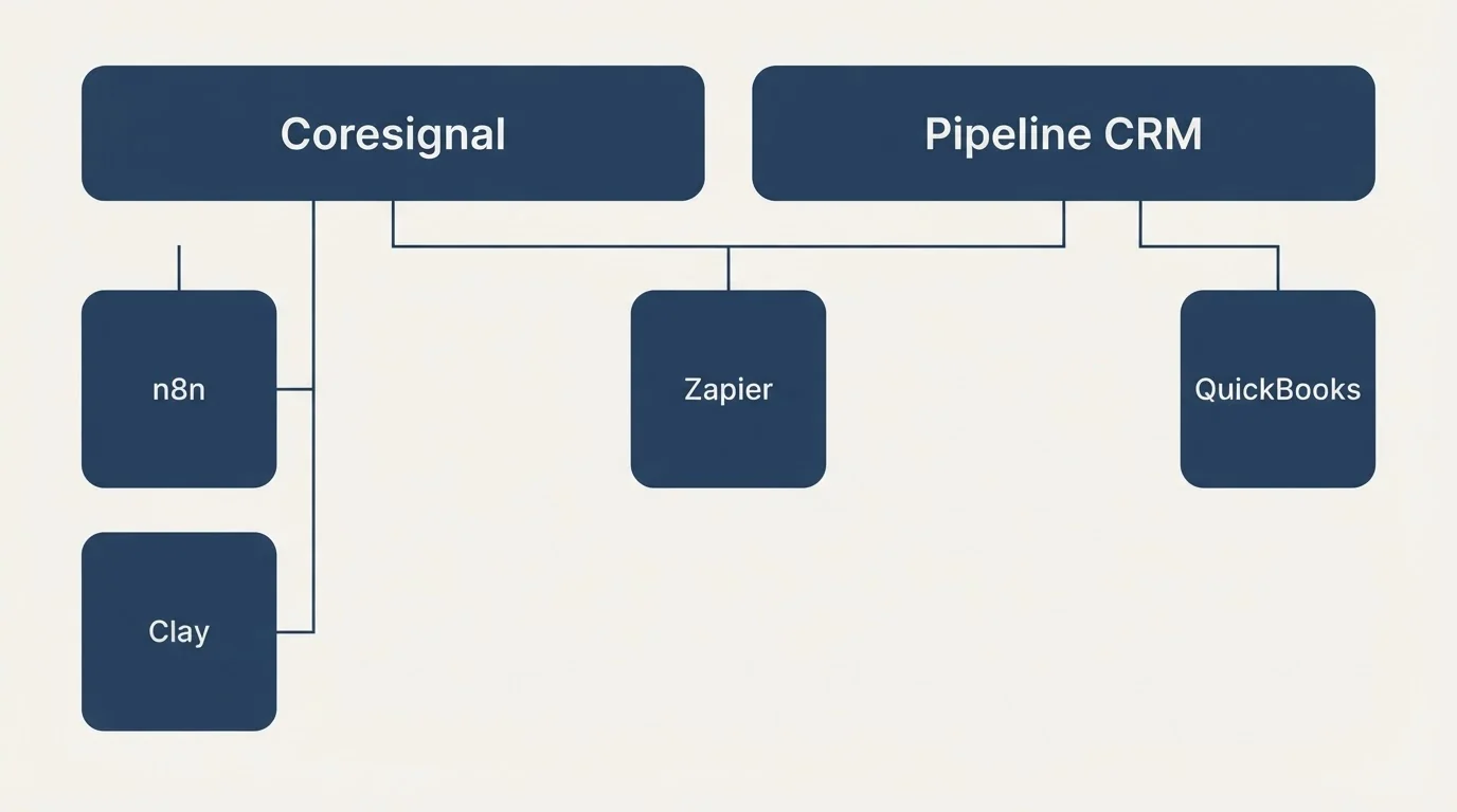 Integration grid: Integration Ecosystem (Coresignal, Pipeline CRM, Zapier, n8n)