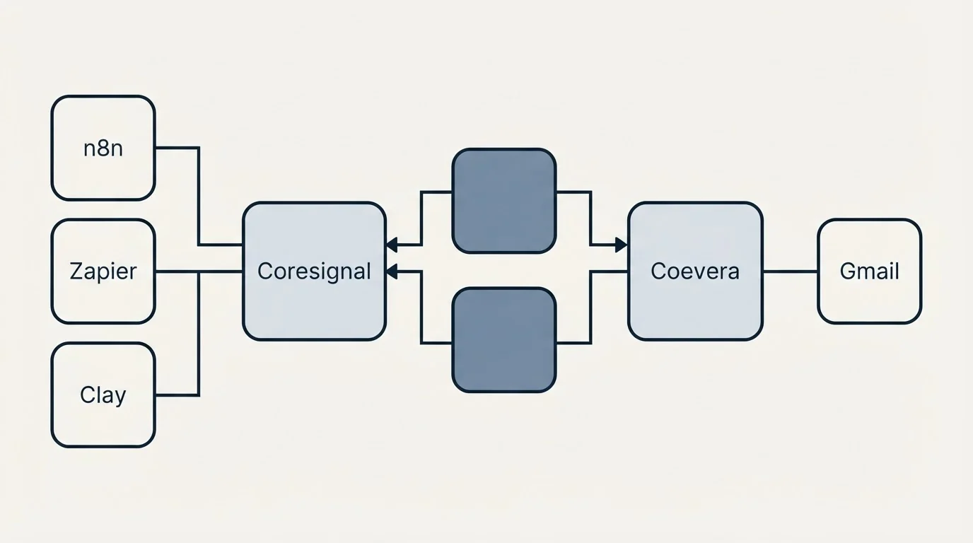 Integration flow: Integration Ecosystem (Coresignal, Coevera, n8n, Gmail)