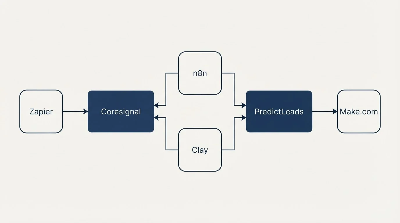 Integration flow: Integration Ecosystem (Coresignal, PredictLeads, n8n, Clay)