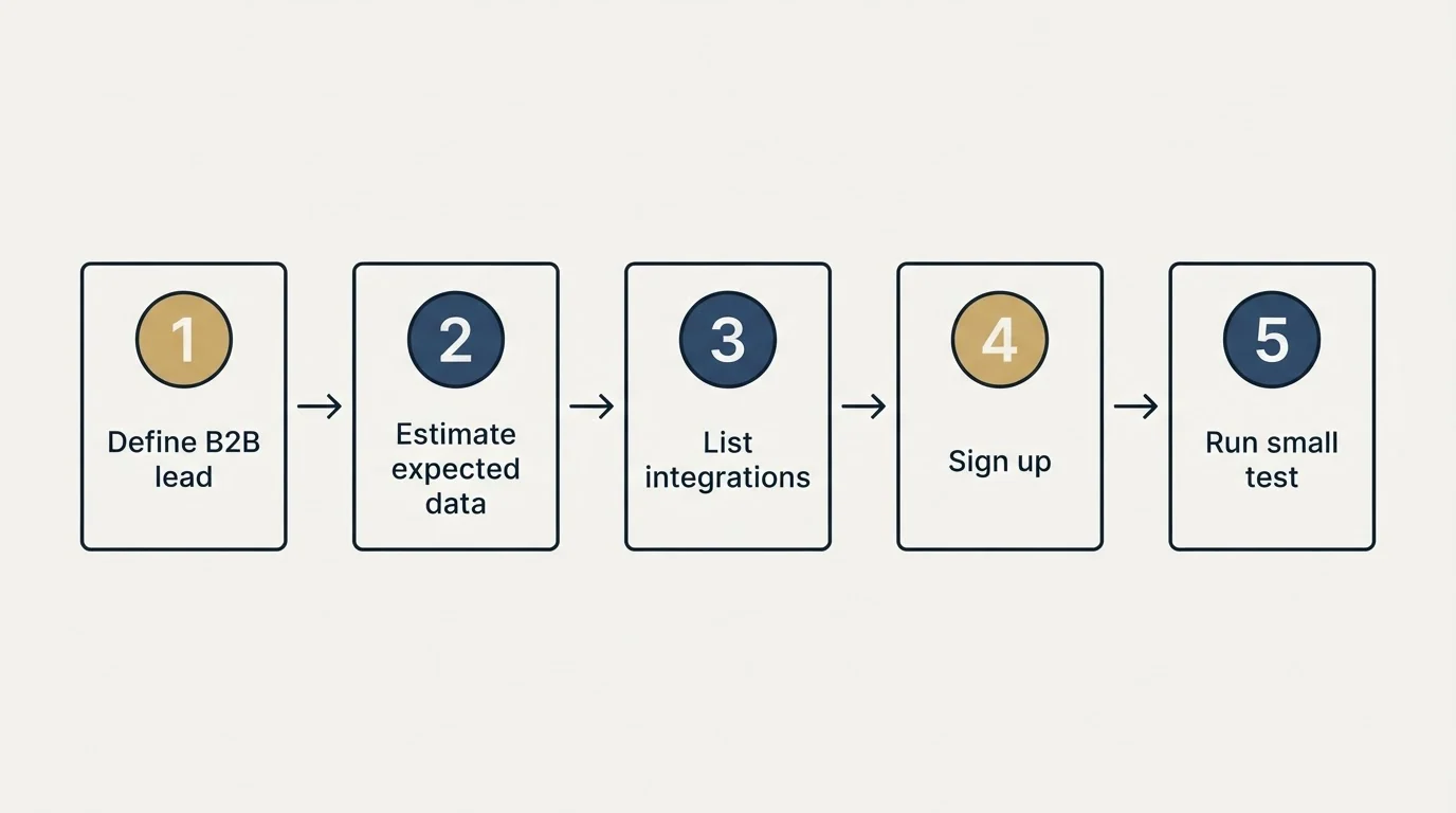 Step sequence: Getting Started Checklist (Define B2B lead, Estimate expected data, List integrations, Sign up)