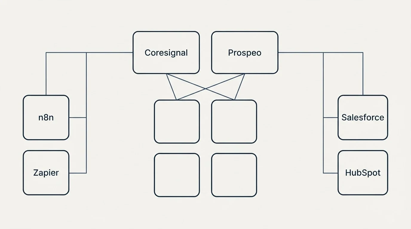 Integration grid: Integration Ecosystem (Coresignal, Prospeo, n8n, Salesforce)