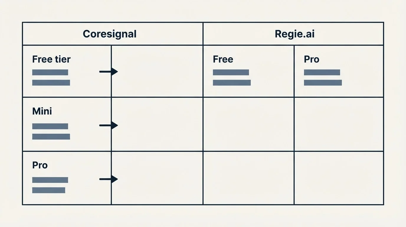 Pricing table: Pricing Comparison (Coresignal, Regie.ai, Free tier, Free)