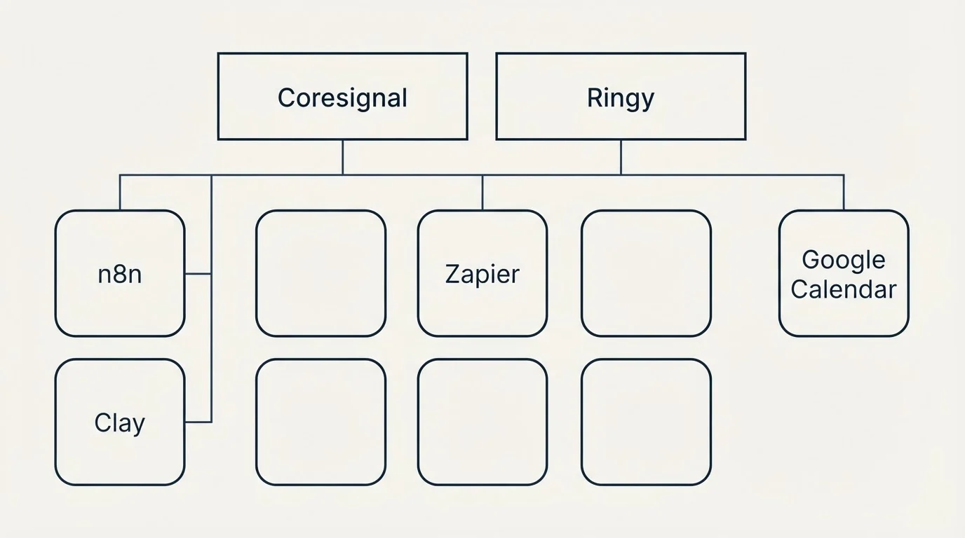 Integration grid: Integration Ecosystem (Coresignal, Ringy, Zapier, n8n)