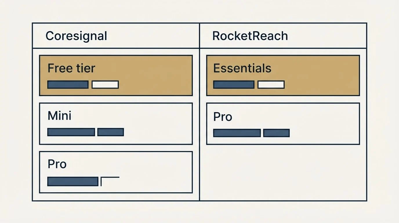 Pricing table: Pricing Comparison (Coresignal, RocketReach, Free tier, Essentials)