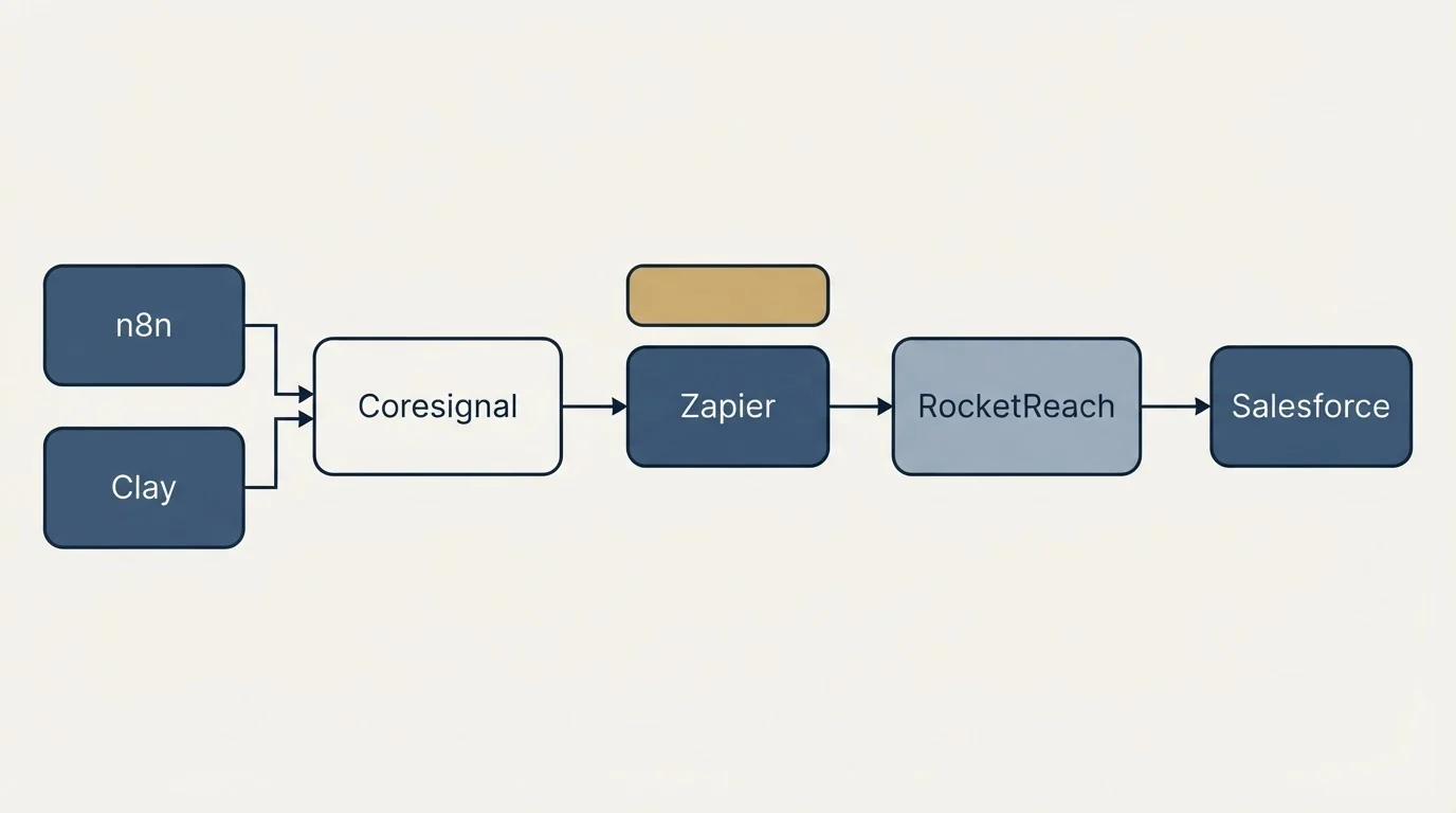 Integration flow: Integration Ecosystem (Coresignal, RocketReach, Zapier, n8n)