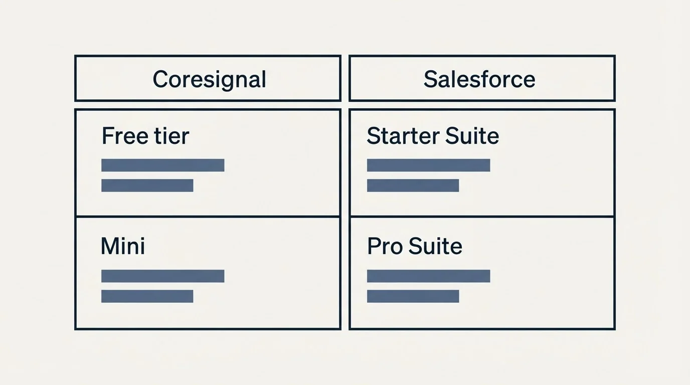 Pricing table: Pricing Comparison (Coresignal, Salesforce, Free tier, Starter Suite)