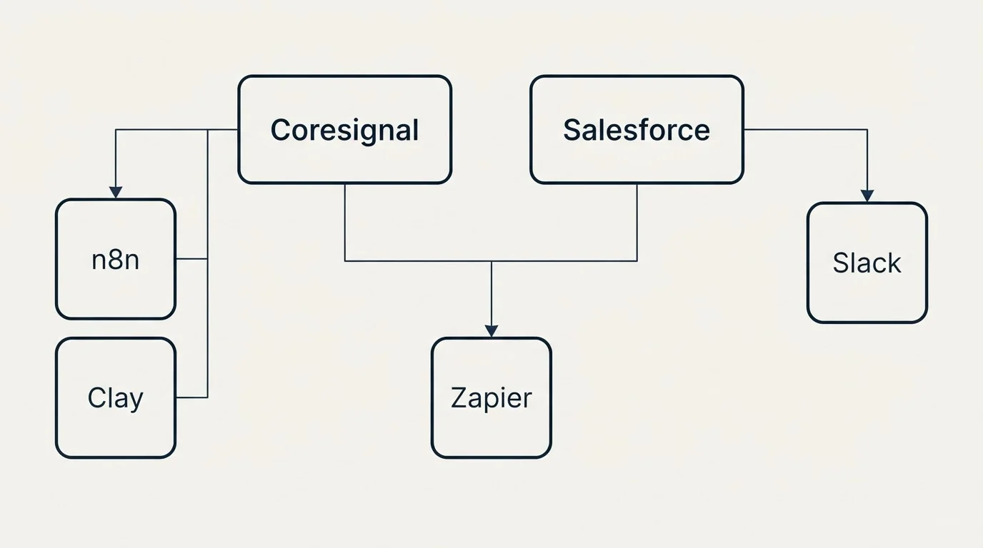 Integration grid: Integration Ecosystem (Coresignal, Salesforce, Zapier, n8n)
