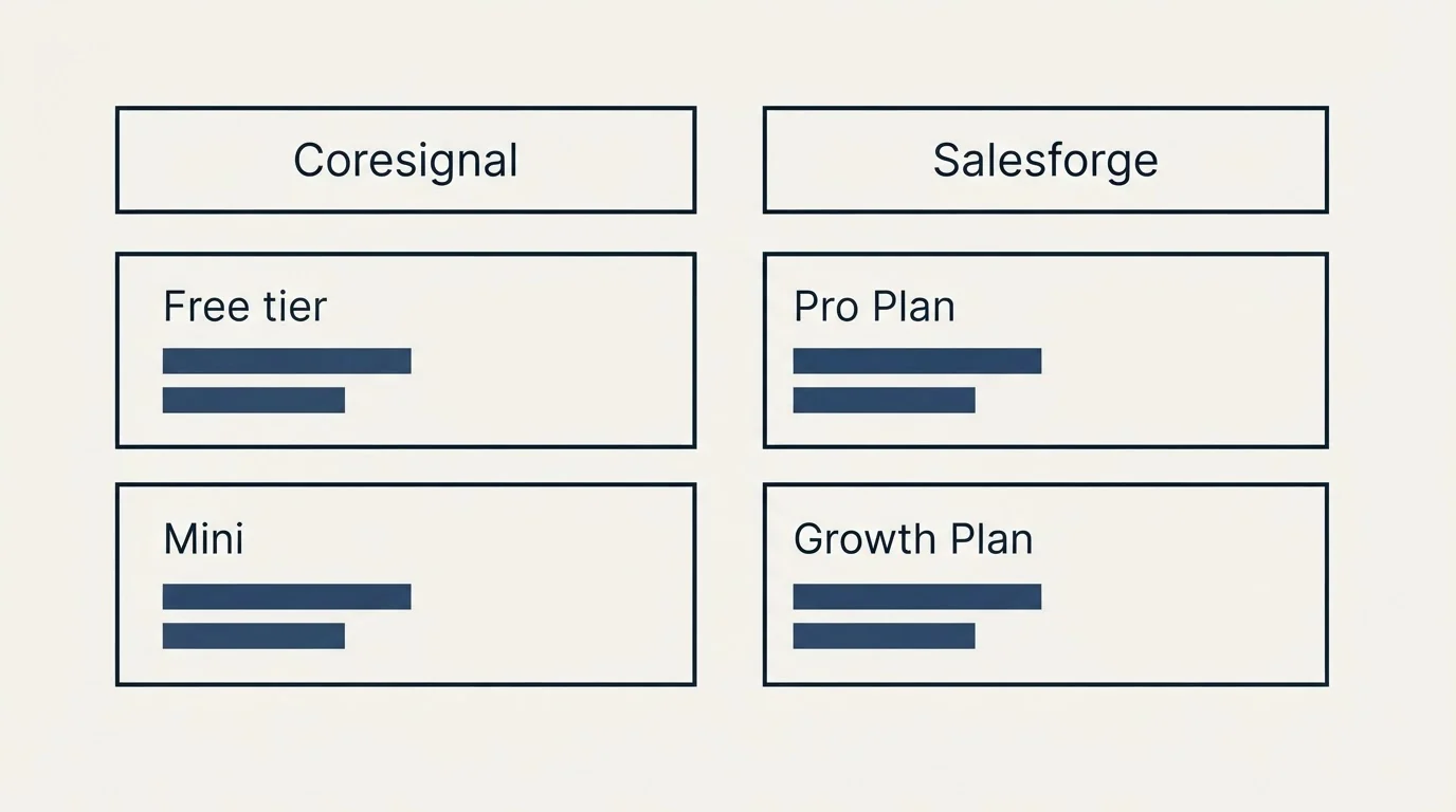 Pricing table: Pricing Comparison (Coresignal, Salesforge, Free tier, Pro Plan)
