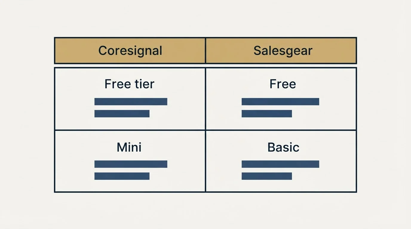 Pricing table: Pricing Comparison (Coresignal, Salesgear, Free tier, Free)
