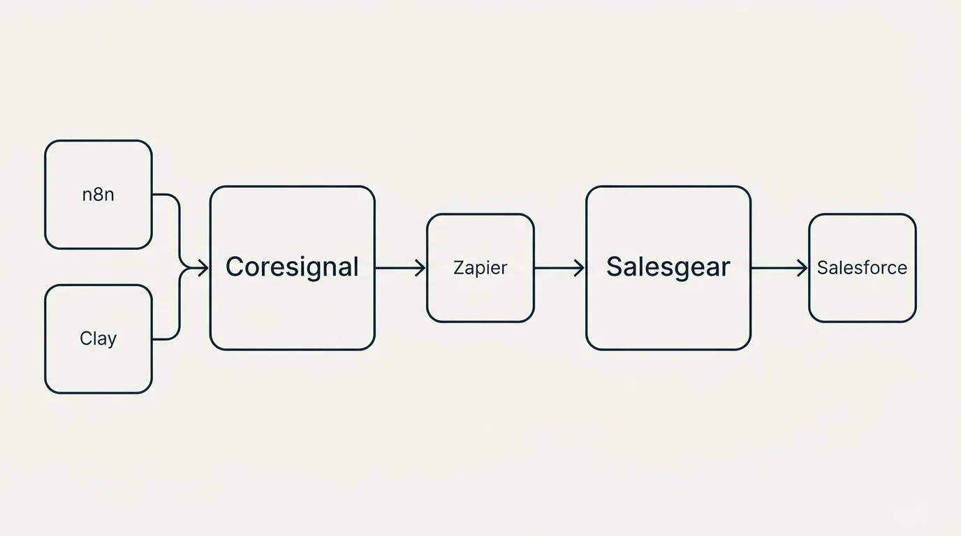 Integration schematic: Integration Ecosystem (Coresignal, Salesgear, Zapier, n8n)