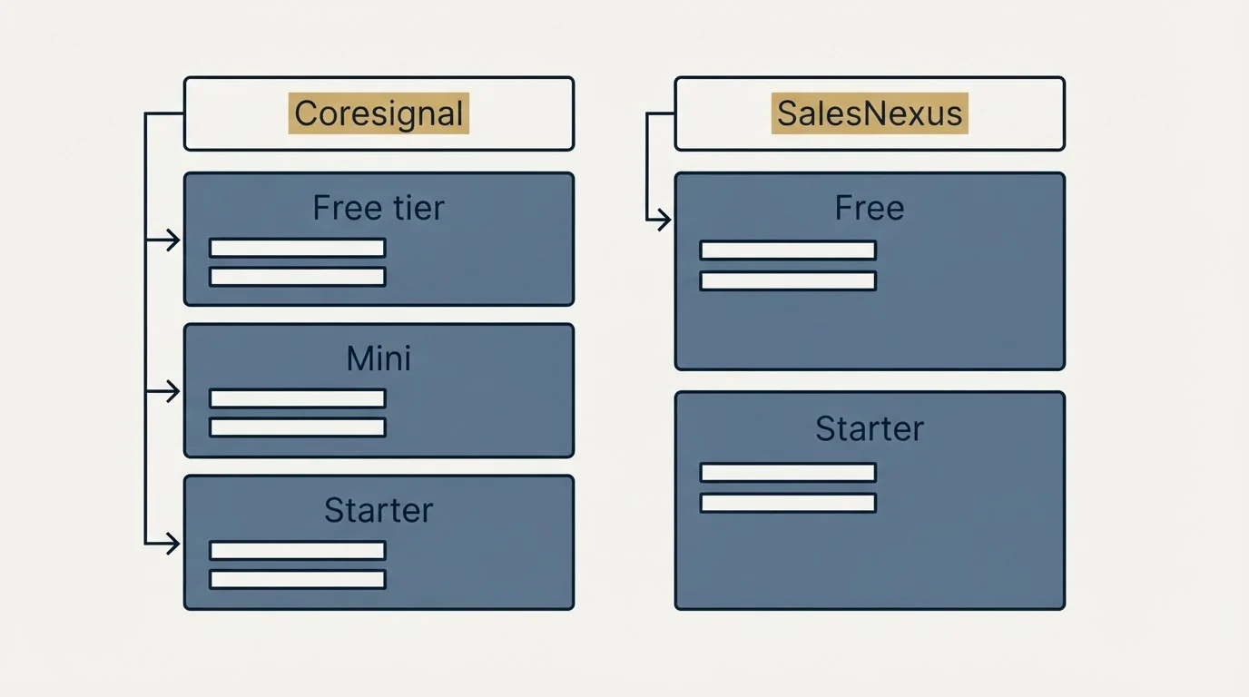 Pricing table: Pricing Comparison (Coresignal, SalesNexus, Free tier, Free)