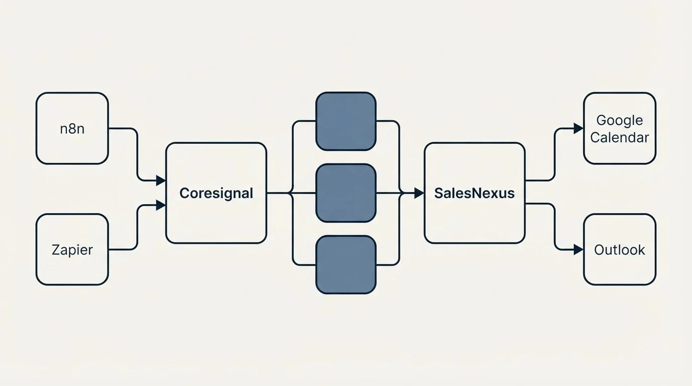 Integration flow: Integration Ecosystem (Coresignal, SalesNexus, n8n, Google Calendar)