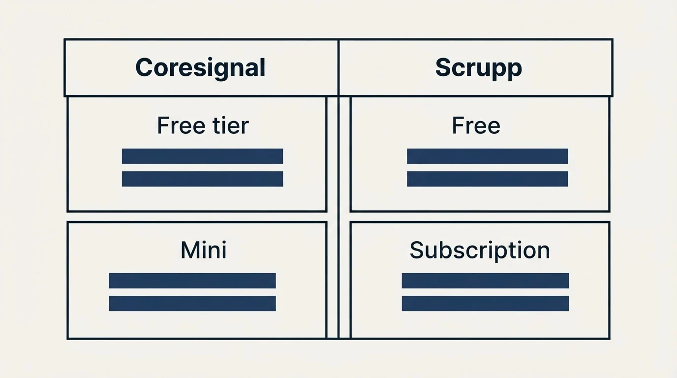 Pricing table: Pricing Comparison (Coresignal, Scrupp, Free tier, Free)