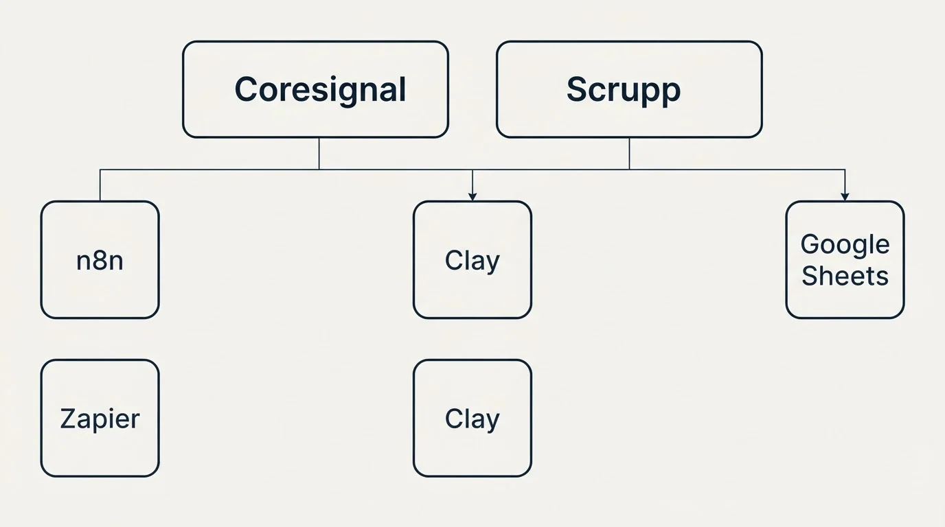 Integration grid: Integration Ecosystem (Coresignal, Scrupp, Clay, n8n)