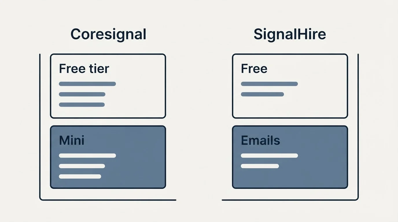 Pricing panels: Pricing Comparison (Coresignal, SignalHire, Free tier, Free)