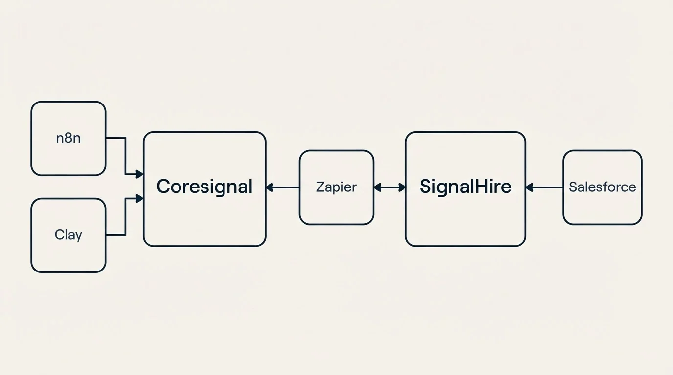Integration flow: Integration Ecosystem (Coresignal, SignalHire, Zapier, n8n)