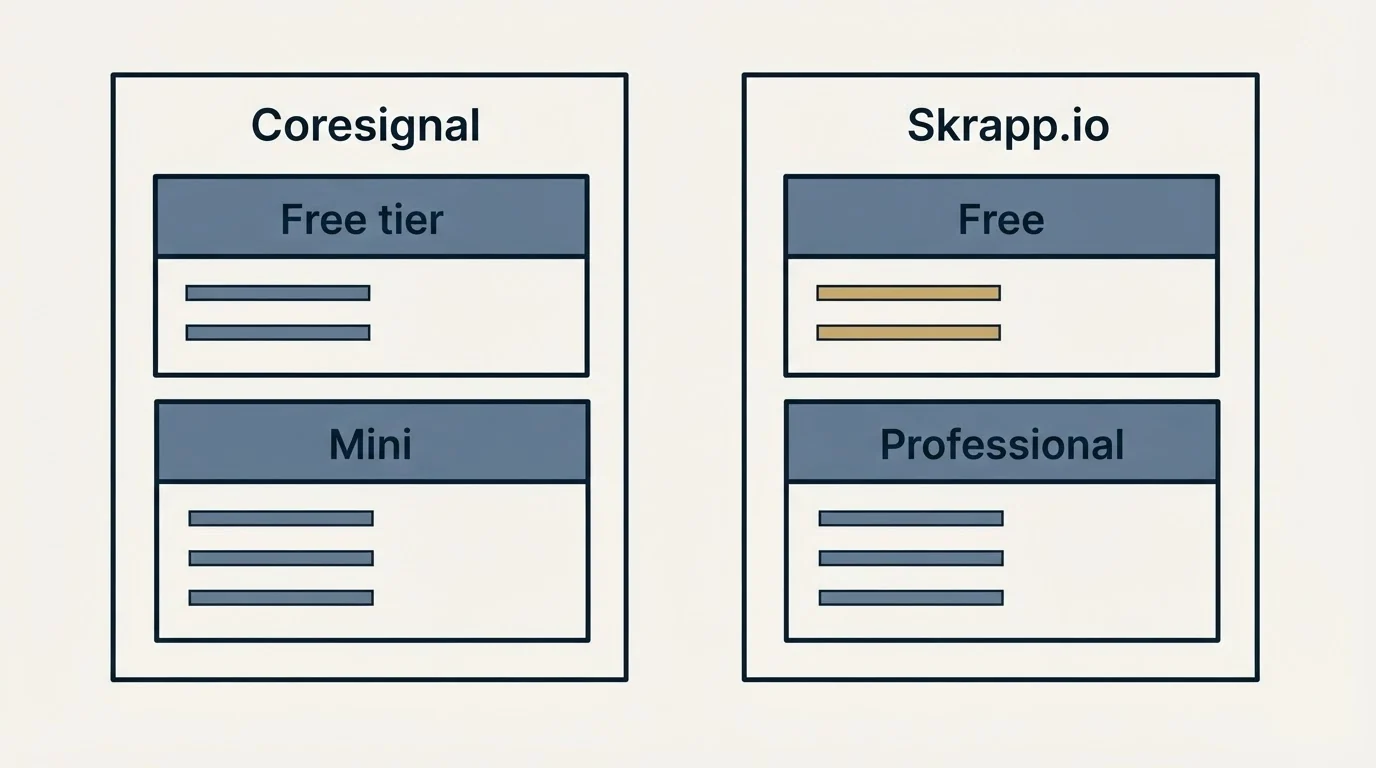 Pricing panels: Pricing Comparison (Coresignal, Skrapp.io, Free tier, Free)