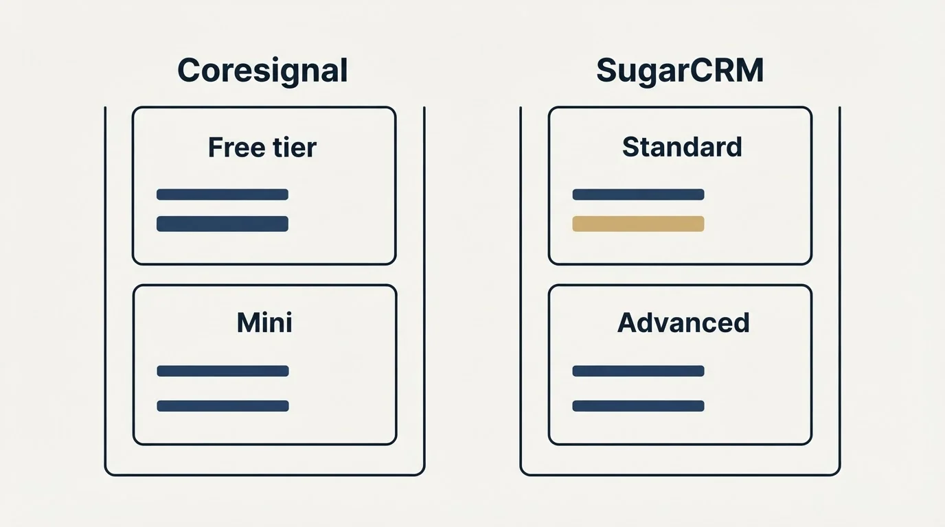Pricing panels: Pricing Comparison (Coresignal, SugarCRM, Free tier, Standard)